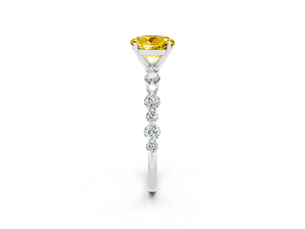 White gold Round Cut Yellow Sapphire Prong Set Engagement Ring with Pavé Band