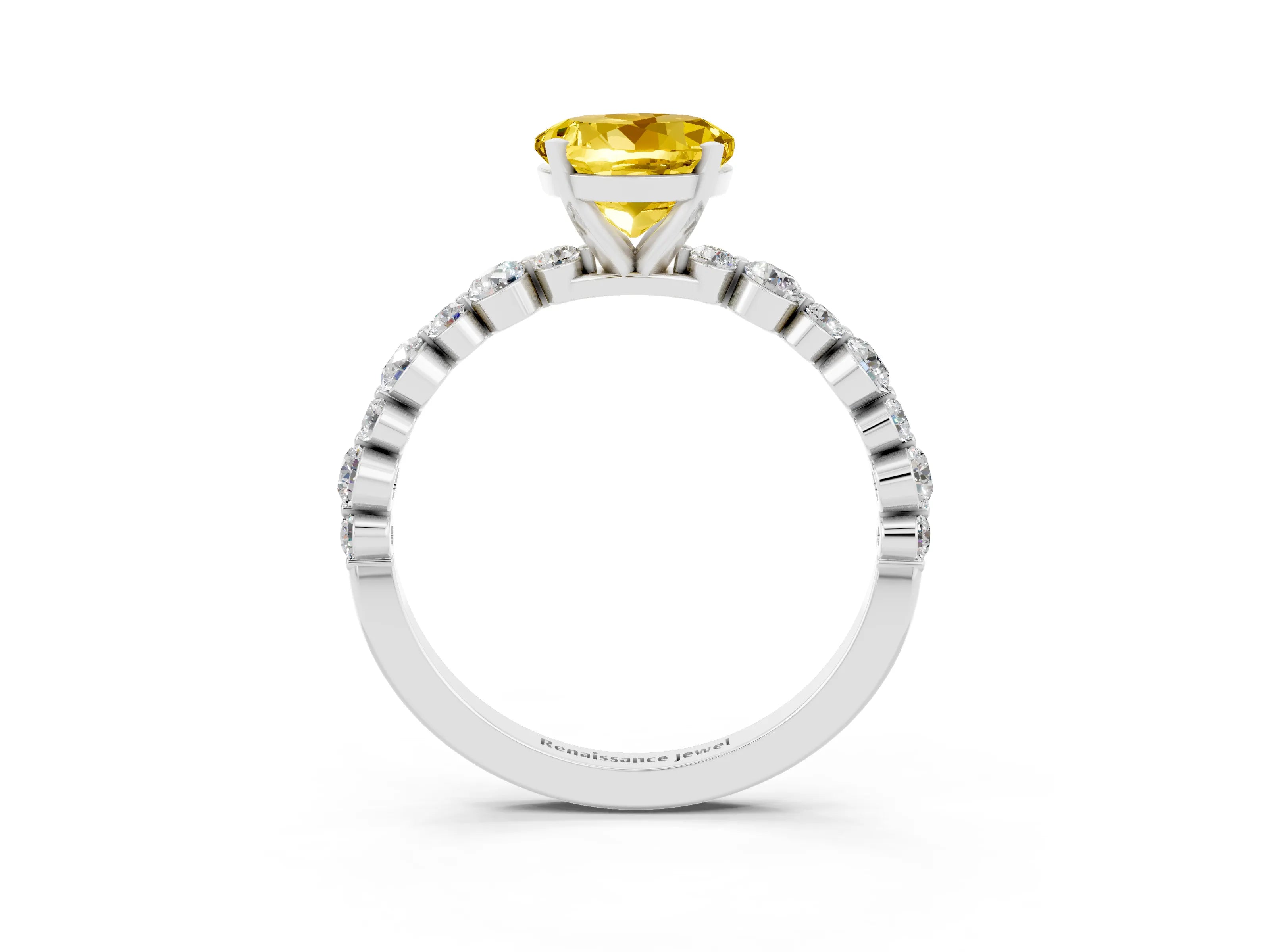 White gold Round Cut Yellow Sapphire Prong Set Engagement Ring with Pavé Band_15