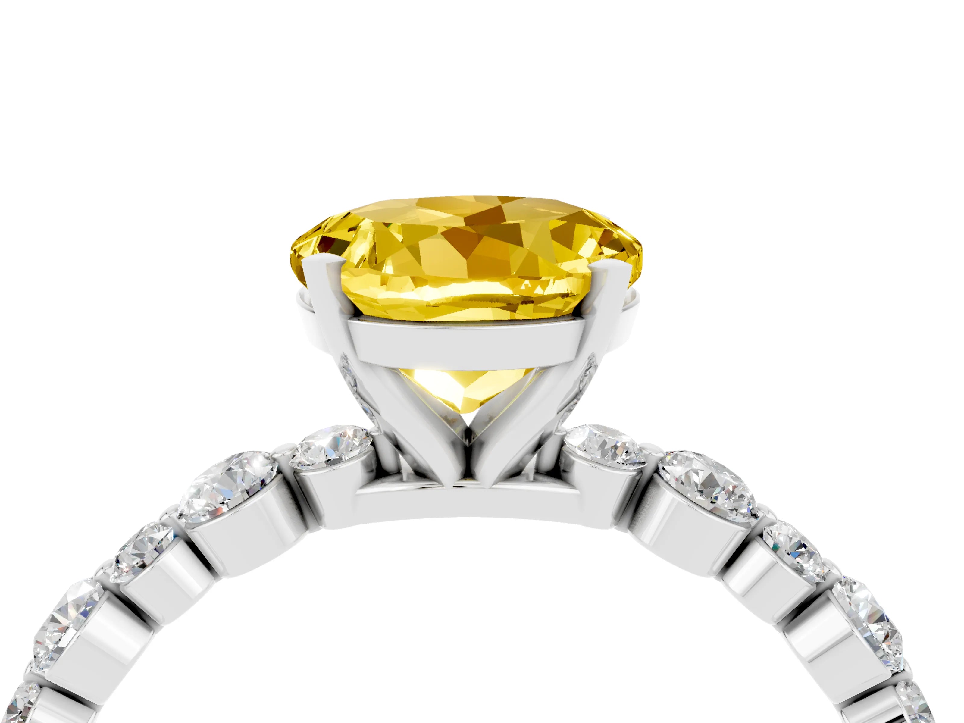 White gold Round Cut Yellow Sapphire Prong Set Engagement Ring with Pavé Band_16