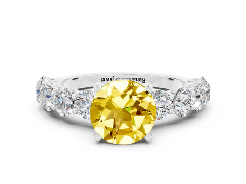 White gold Round Cut Yellow Sapphire Prong Setting with Side Stones on a Pave Band_24
