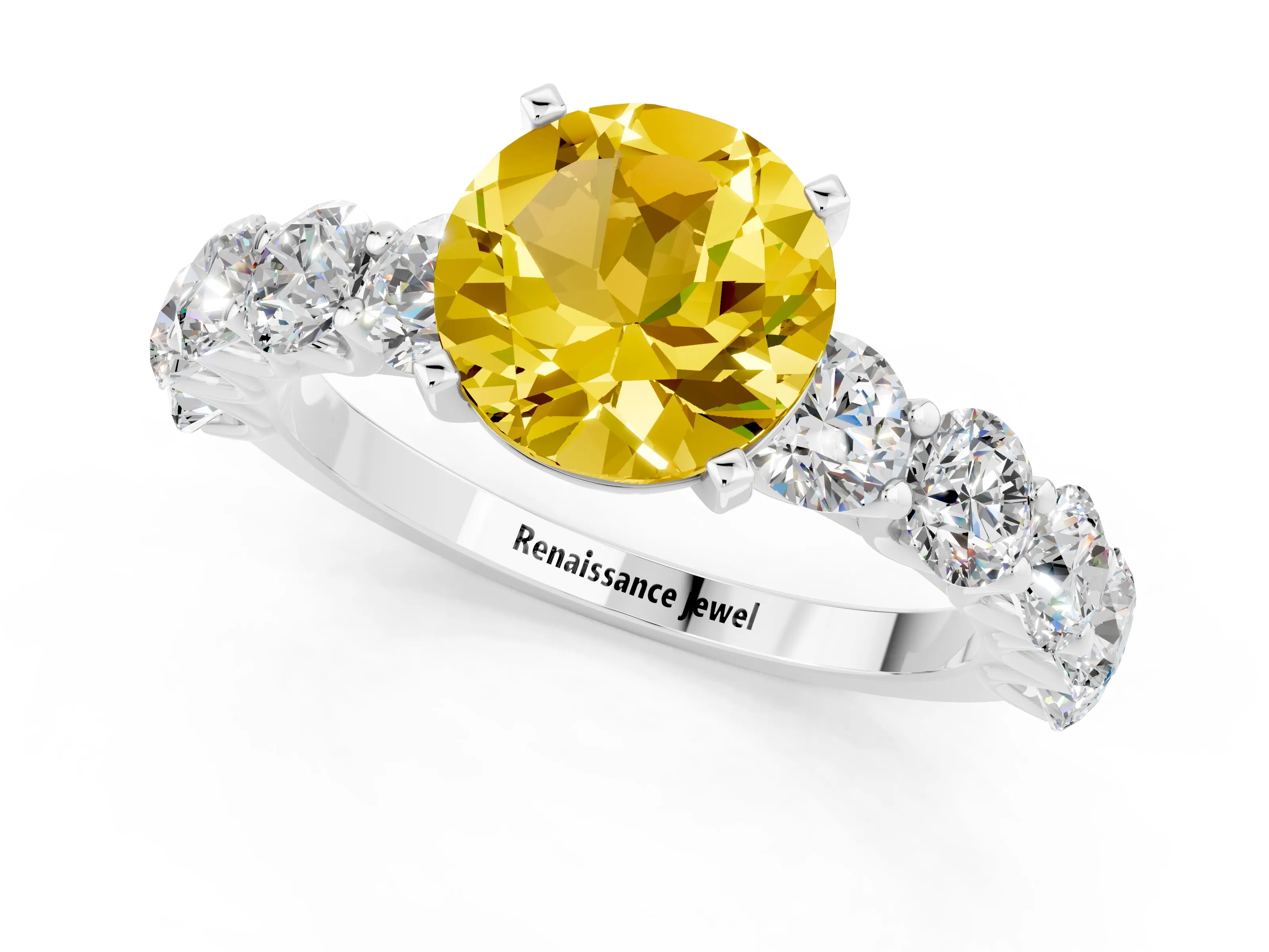 White gold Round Cut Yellow Sapphire Prong Setting with Side Stones on a Pave Band_25