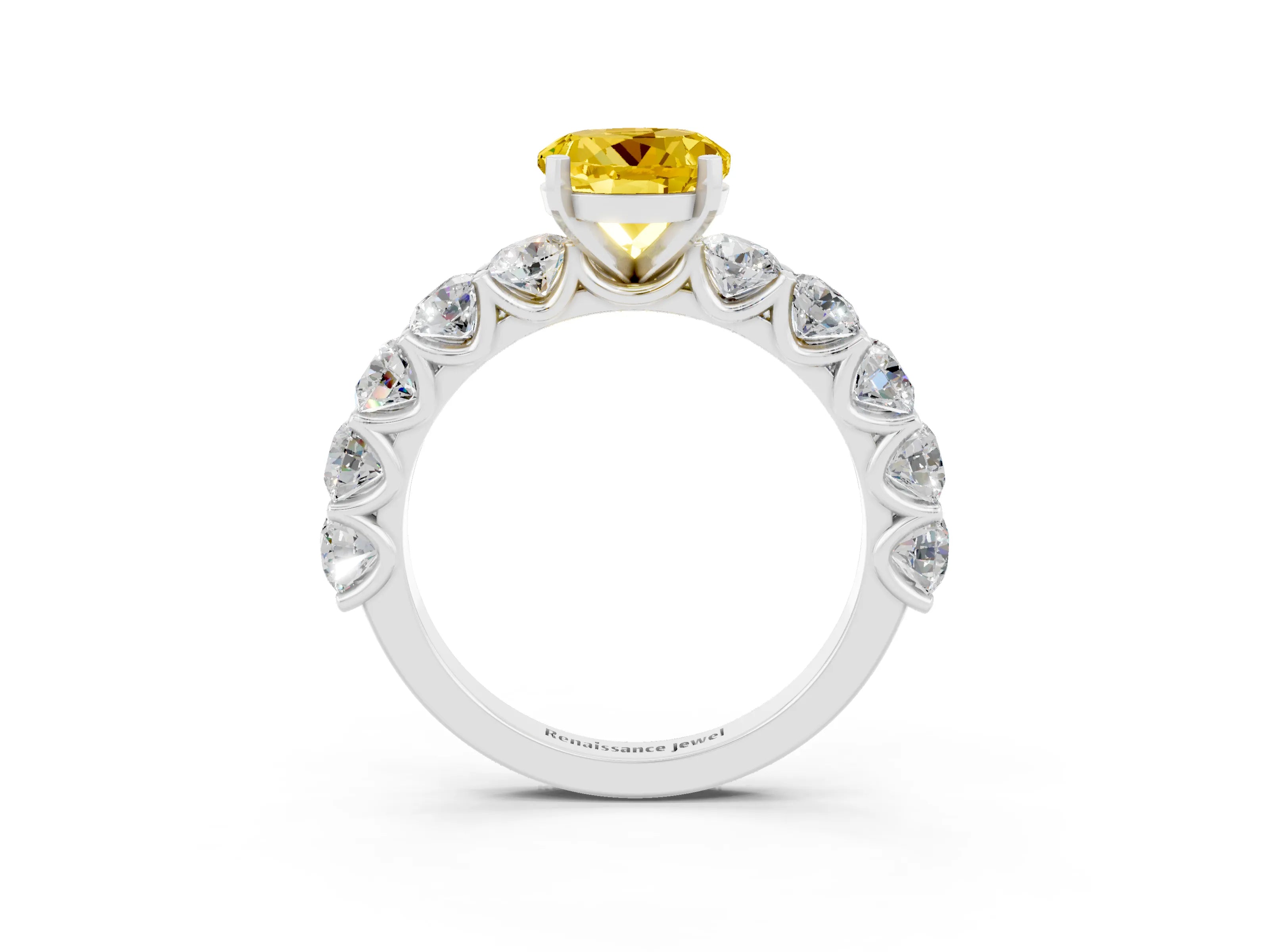 White gold Round Cut Yellow Sapphire Prong Setting with Side Stones on a Pave Band_27