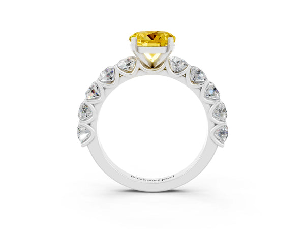 Silver Round Cut Yellow Sapphire Prong Setting with Side Stones on a Pave Band