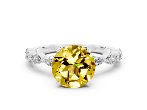 White gold Round Cut Yellow Sapphire Ring with Marquise Side Stones and Prong Setting_12