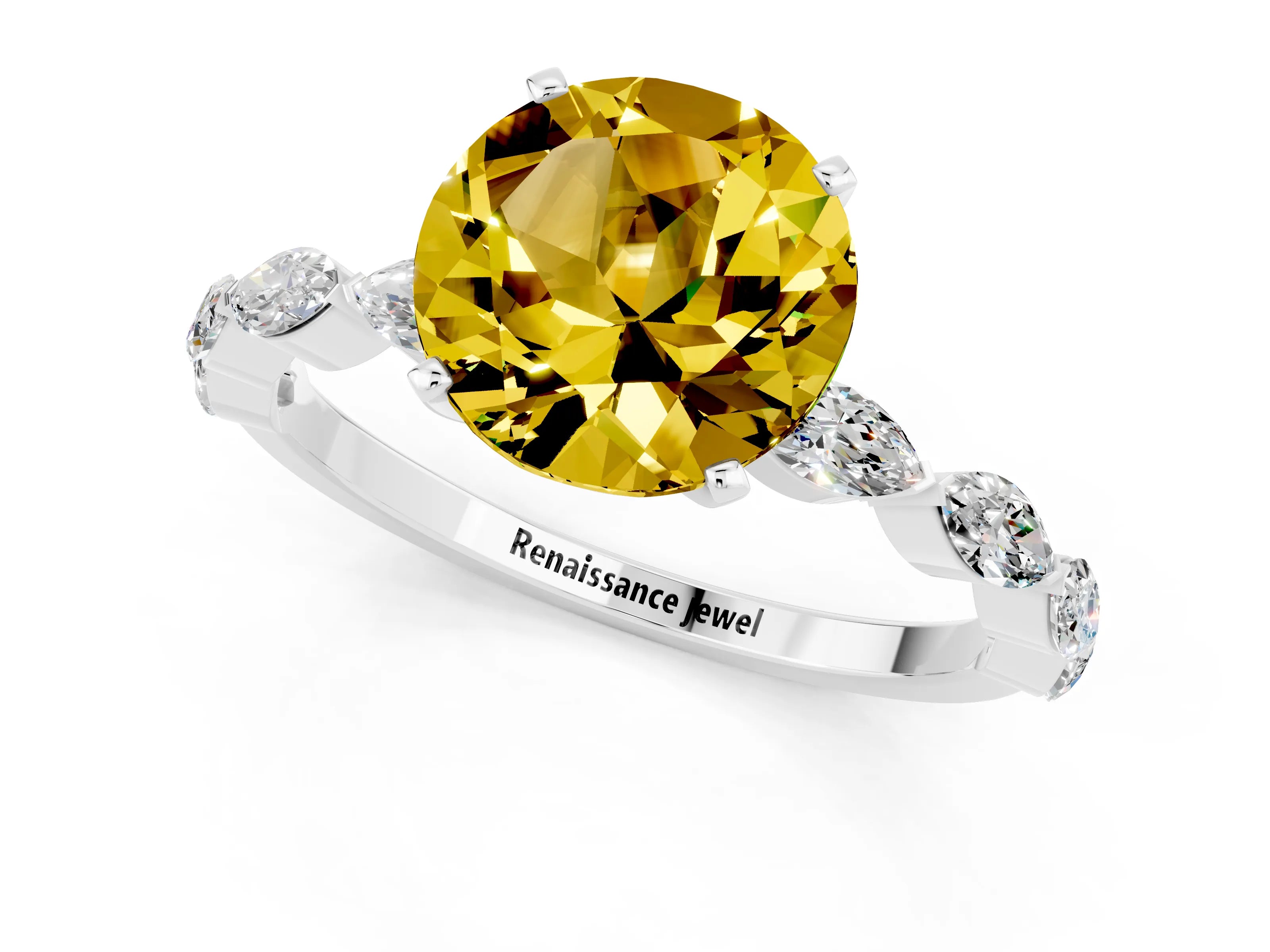 White gold Round Cut Yellow Sapphire Ring with Marquise Side Stones and Prong Setting_13