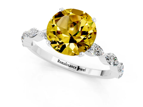 White gold Round Cut Yellow Sapphire Ring with Marquise Side Stones and Prong Setting_13