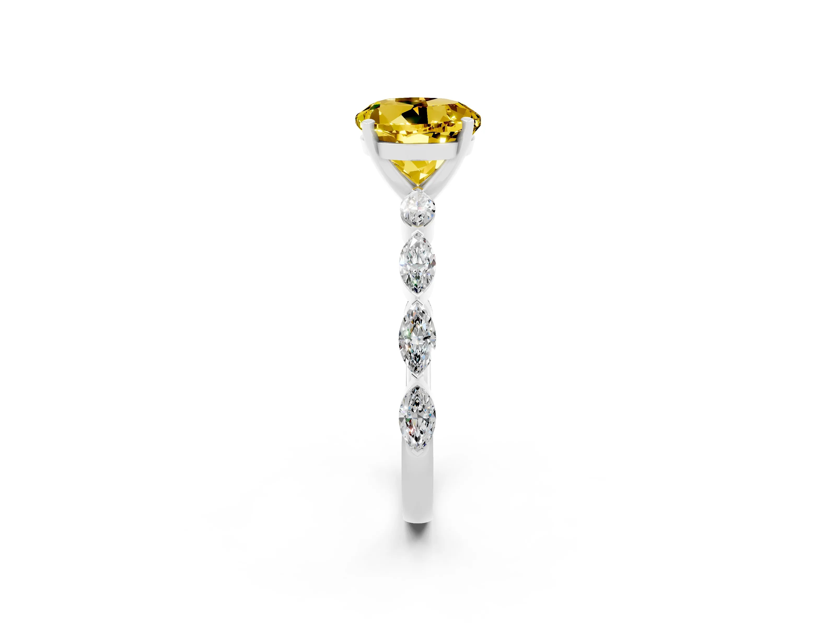 White gold Round Cut Yellow Sapphire Ring with Marquise Side Stones and Prong Setting_14