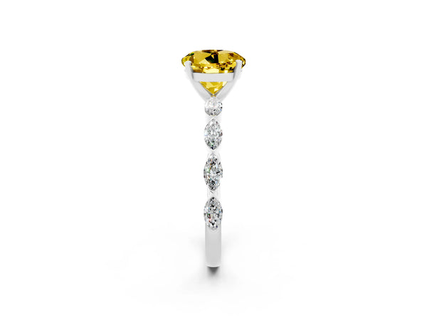 Silver Round Cut Yellow Sapphire Ring with Marquise Side Stones and Prong Setting