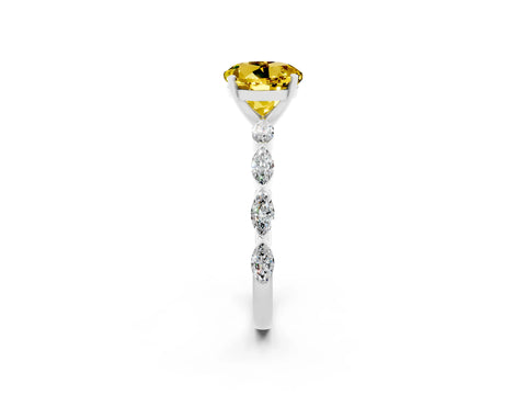 White gold Round Cut Yellow Sapphire Ring with Marquise Side Stones and Prong Setting_14