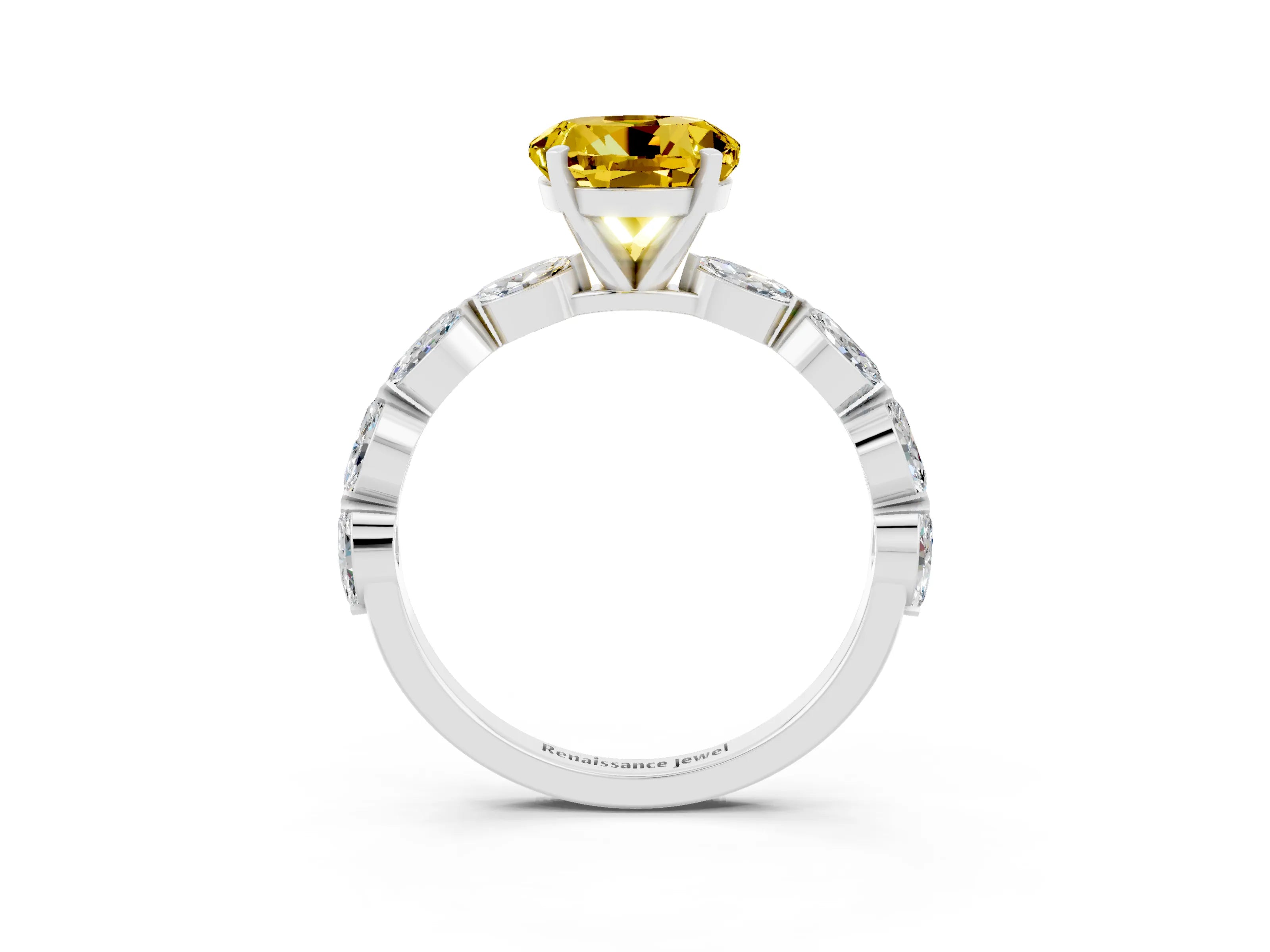 White gold Round Cut Yellow Sapphire Ring with Marquise Side Stones and Prong Setting_15
