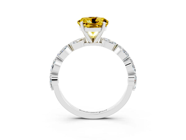 White gold Round Cut Yellow Sapphire Ring with Marquise Side Stones and Prong Setting