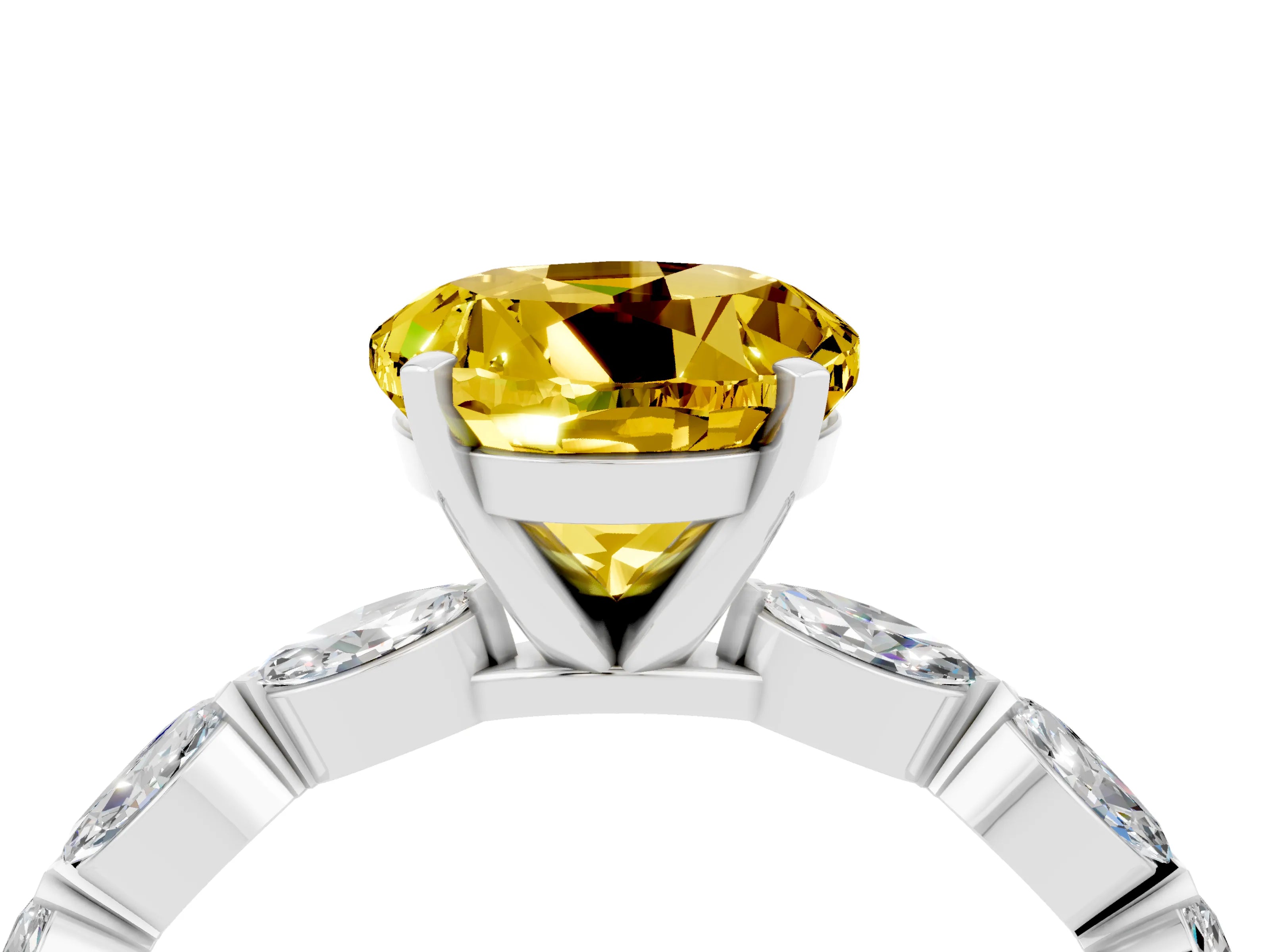 White gold Round Cut Yellow Sapphire Ring with Marquise Side Stones and Prong Setting_16