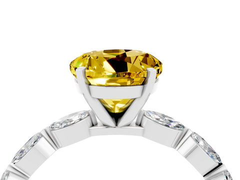 White gold Round Cut Yellow Sapphire Ring with Marquise Side Stones and Prong Setting_16