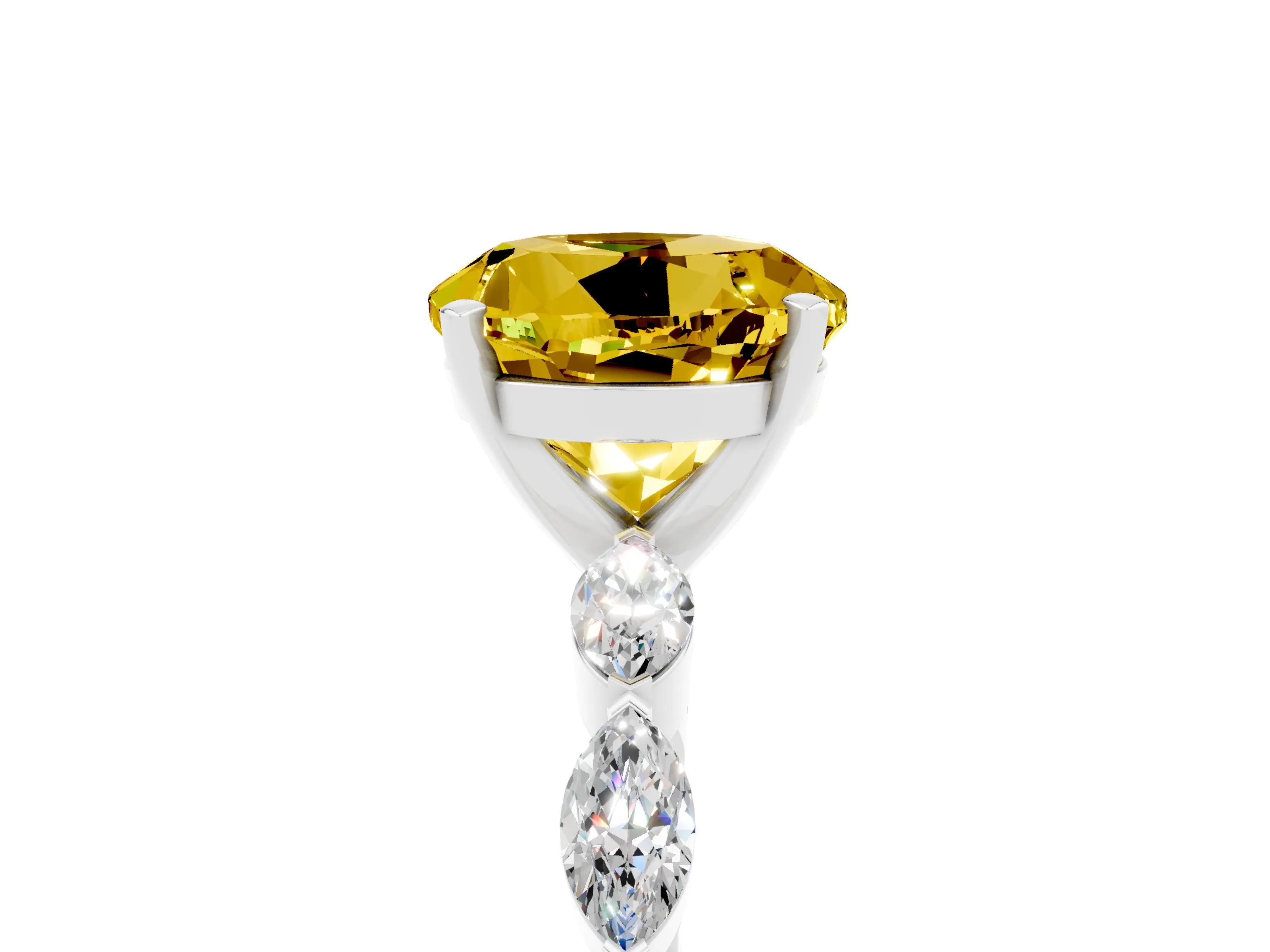 White gold Round Cut Yellow Sapphire Ring with Marquise Side Stones and Prong Setting_17