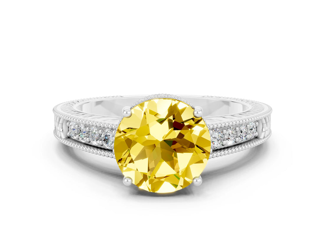White gold Round Cut Yellow Sapphire Ring with Milgrain Pavé Band and Four-Prong Setting_36