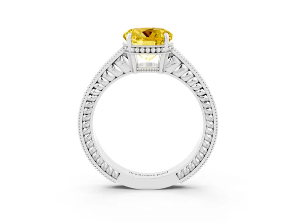White gold Round Cut Yellow Sapphire Ring with Milgrain Pavé Band and Four-Prong Setting