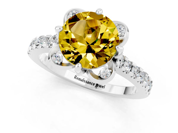 White gold Round Cut Yellow Sapphire Ring with Pavé Band and Floral Prong Setting