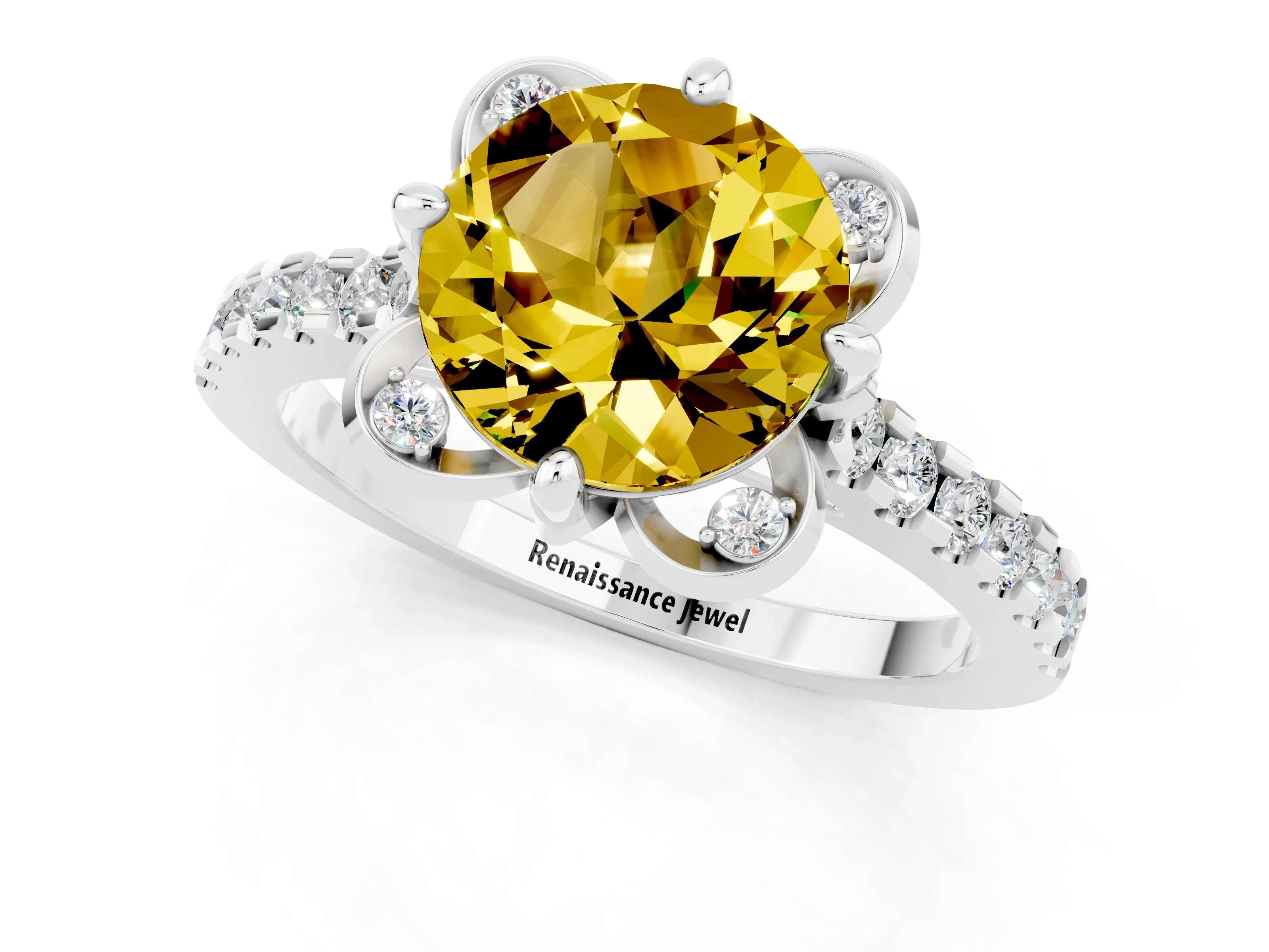 White gold Round Cut Yellow Sapphire Ring with Pavé Band and Floral Prong Setting_1