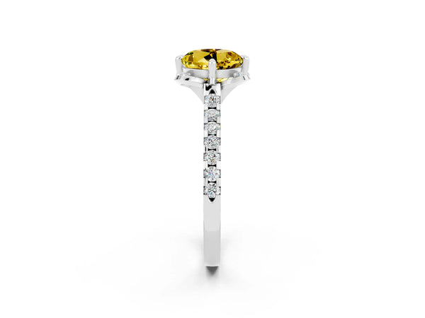 Platinum Round Cut Yellow Sapphire Ring with Pavé Band and Floral Prong Setting