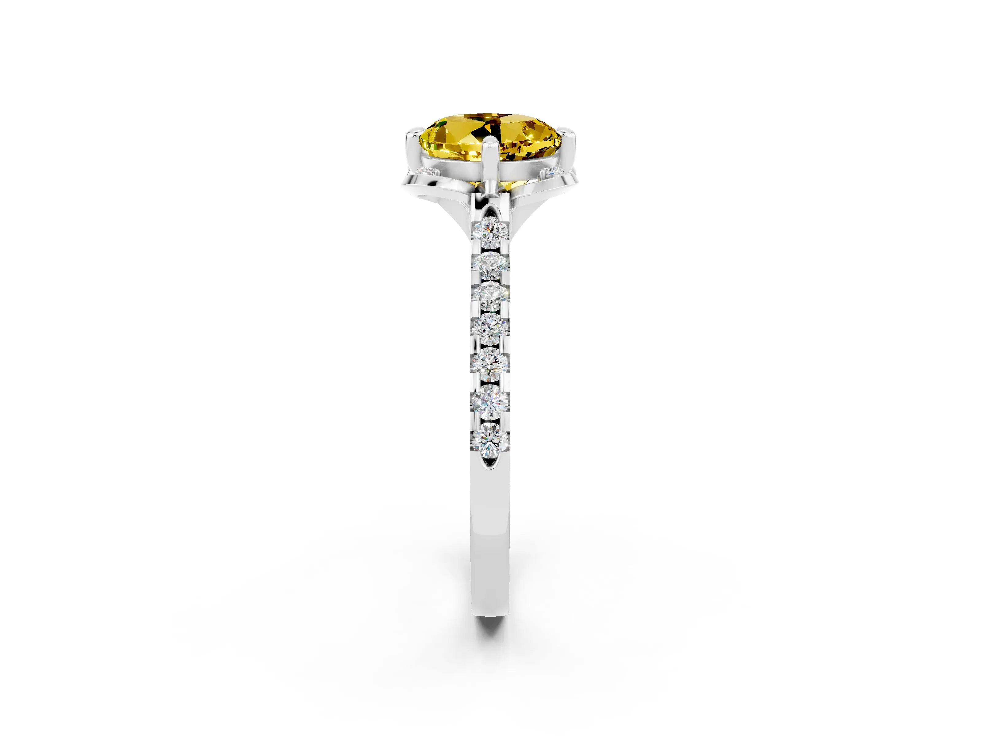 White gold Round Cut Yellow Sapphire Ring with Pavé Band and Floral Prong Setting_2