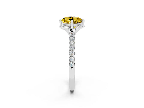 White gold Round Cut Yellow Sapphire Ring with Pavé Band and Floral Prong Setting_2