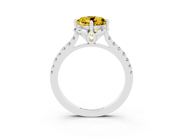 Platinum Round Cut Yellow Sapphire Ring with Pavé Band and Floral Prong Setting