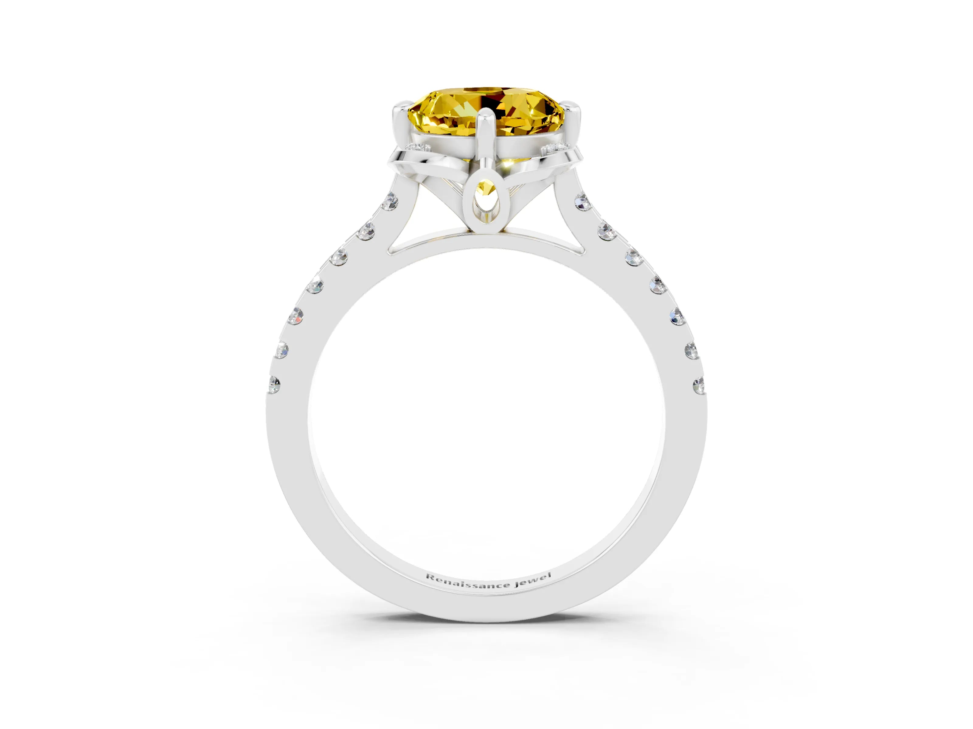 White gold Round Cut Yellow Sapphire Ring with Pavé Band and Floral Prong Setting_3