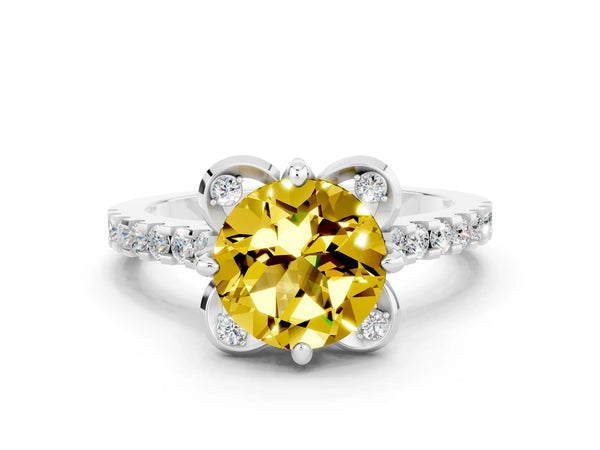 Silver Round Cut Yellow Sapphire Ring with Pavé Band and Floral Prong Setting