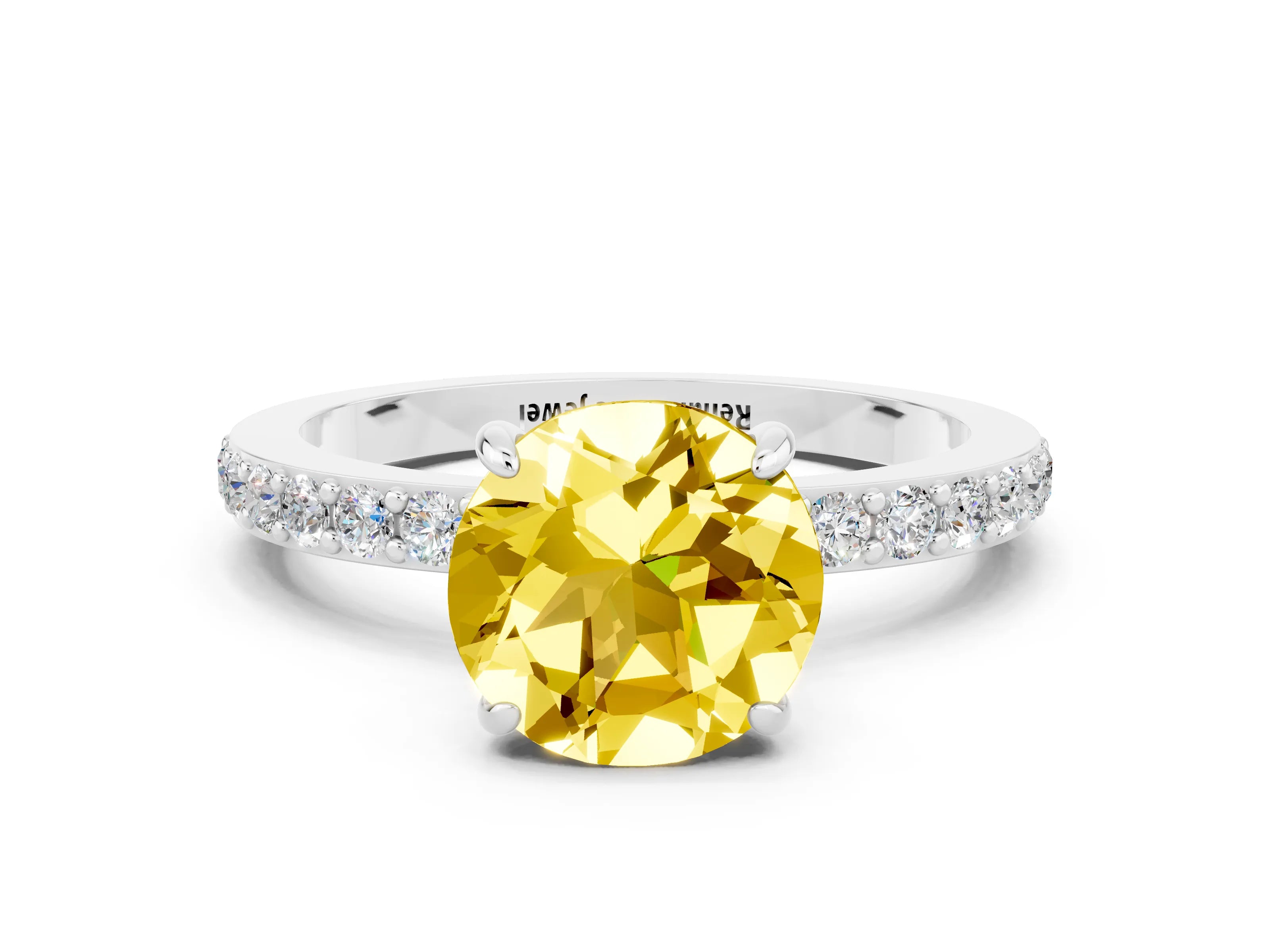 White gold Round Cut Yellow Sapphire Ring with Pavé Band and Four-Prong Setting_24