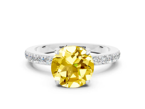 White gold Round Cut Yellow Sapphire Ring with Pavé Band and Four-Prong Setting_24
