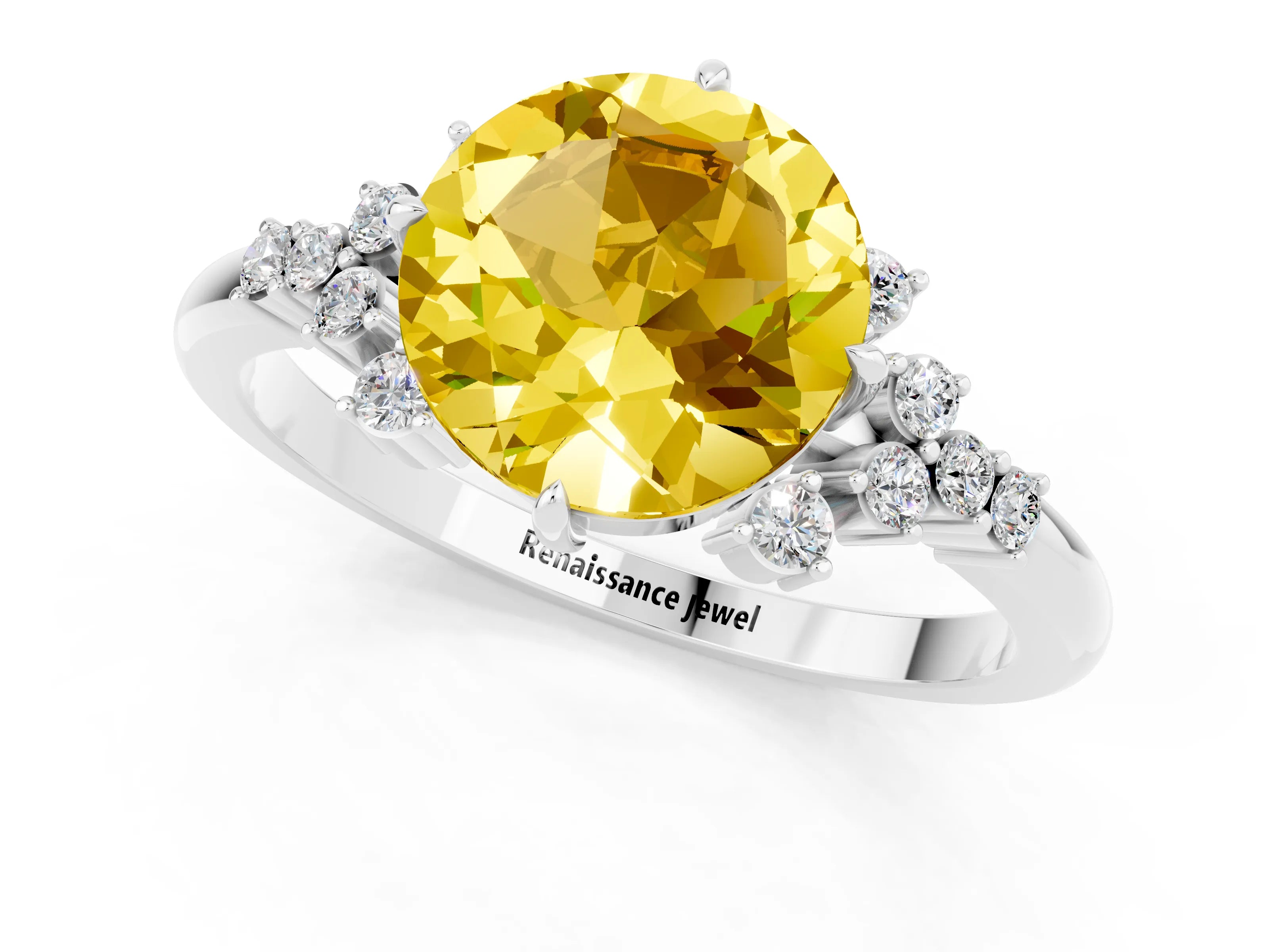 White gold Round Cut Yellow Sapphire Ring with Side Stones and Four-Prong Setting_61