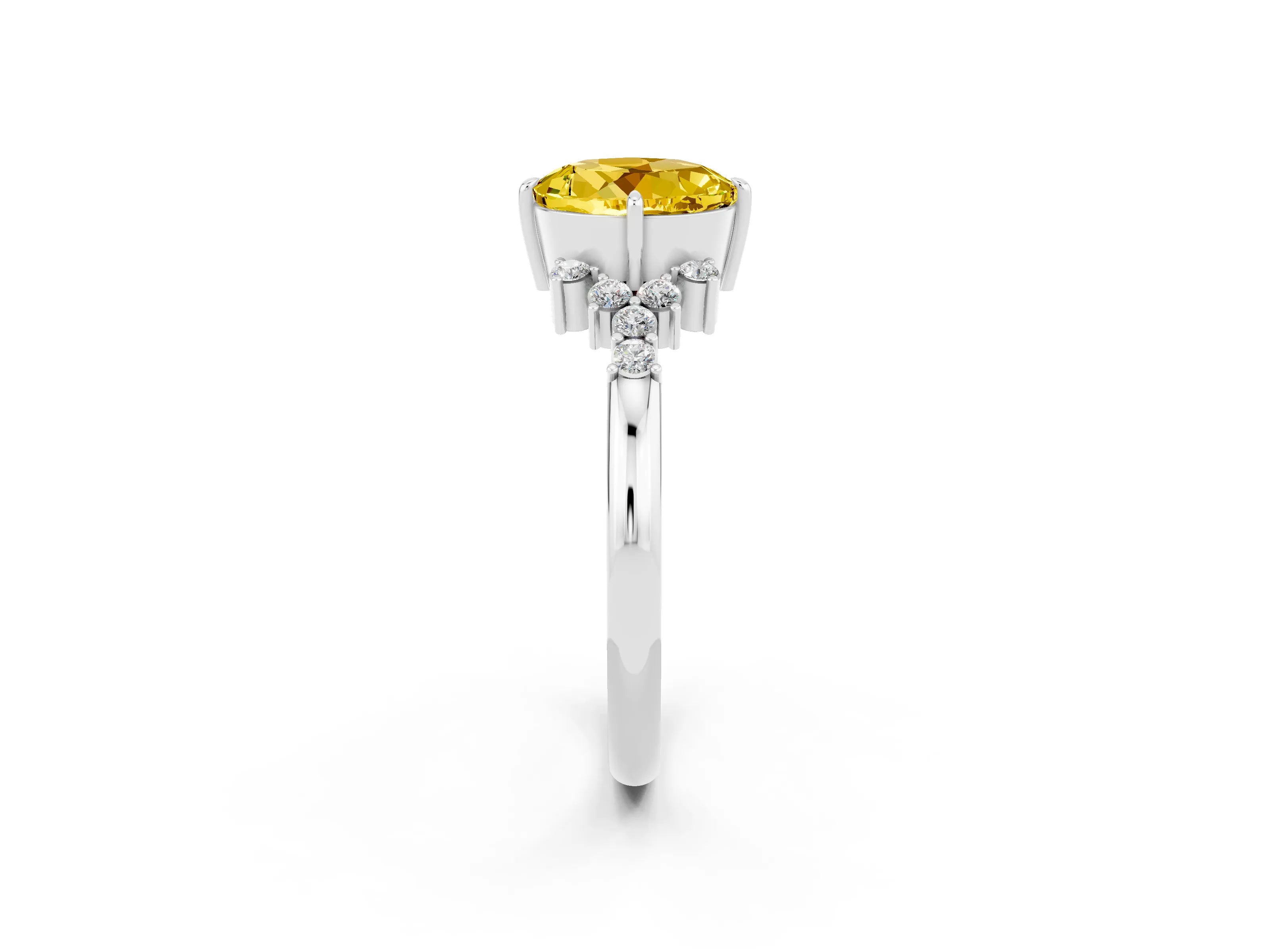 White gold Round Cut Yellow Sapphire Ring with Side Stones and Four-Prong Setting_62