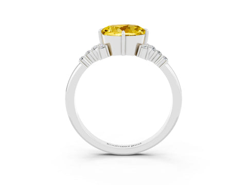 White gold Round Cut Yellow Sapphire Ring with Side Stones and Four-Prong Setting_63