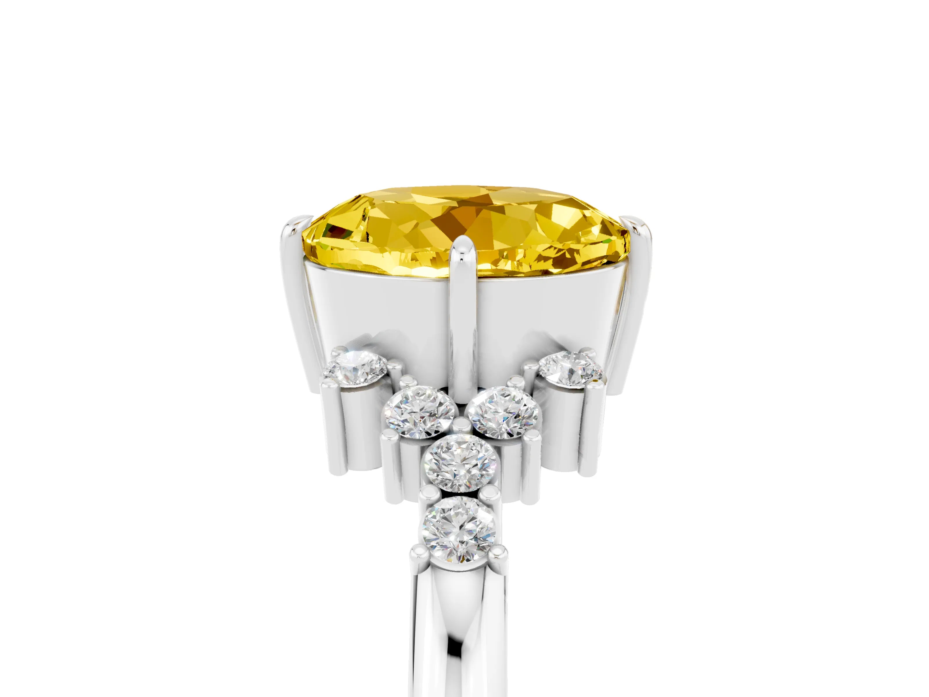 White gold Round Cut Yellow Sapphire Ring with Side Stones and Four-Prong Setting_65