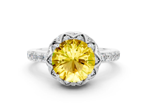 Platinum Round Cut Yellow Sapphire Scalloped Halo Engagement Ring with Round Shared Prong Band