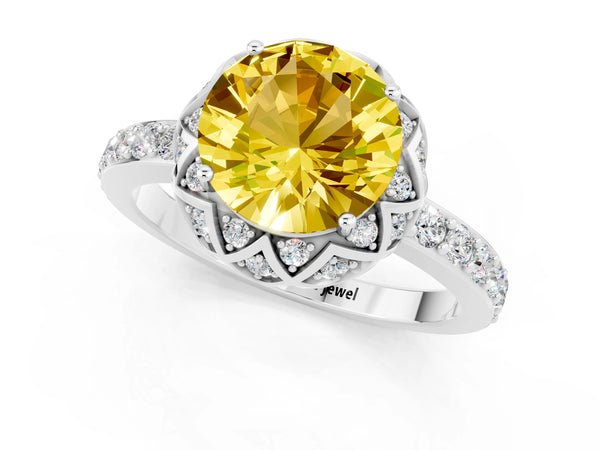Platinum Round Cut Yellow Sapphire Scalloped Halo Engagement Ring with Round Shared Prong Band