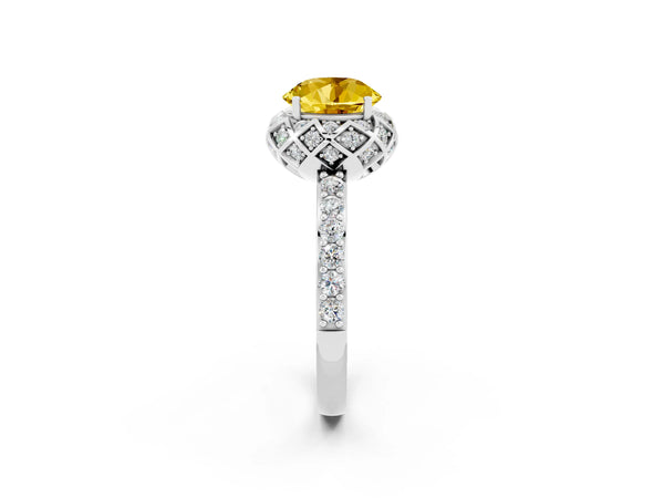 Platinum Round Cut Yellow Sapphire Scalloped Halo Engagement Ring with Round Shared Prong Band