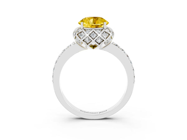 Platinum Round Cut Yellow Sapphire Scalloped Halo Engagement Ring with Round Shared Prong Band