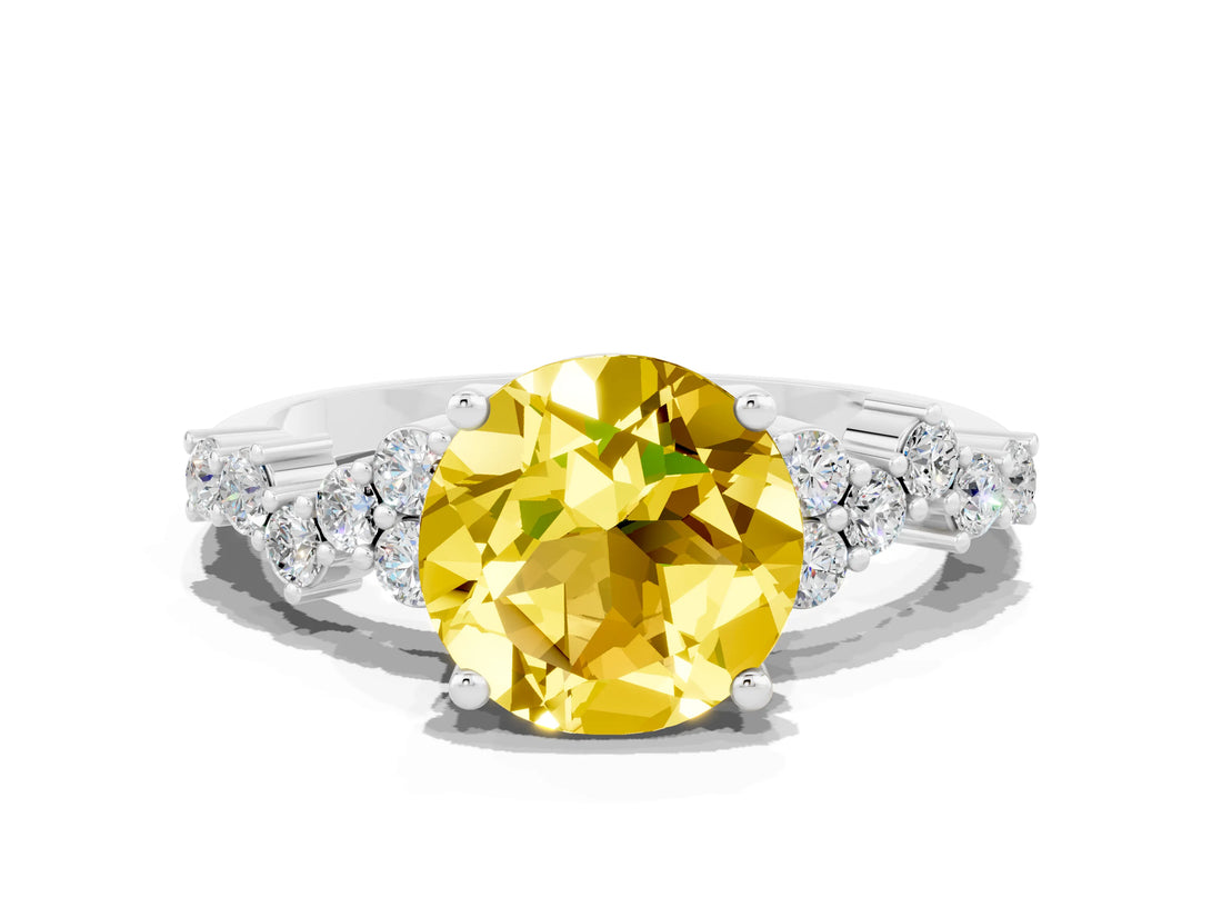 White gold Round Cut Yellow Sapphire Scattered Round Accent Ring with Prong Setting_48