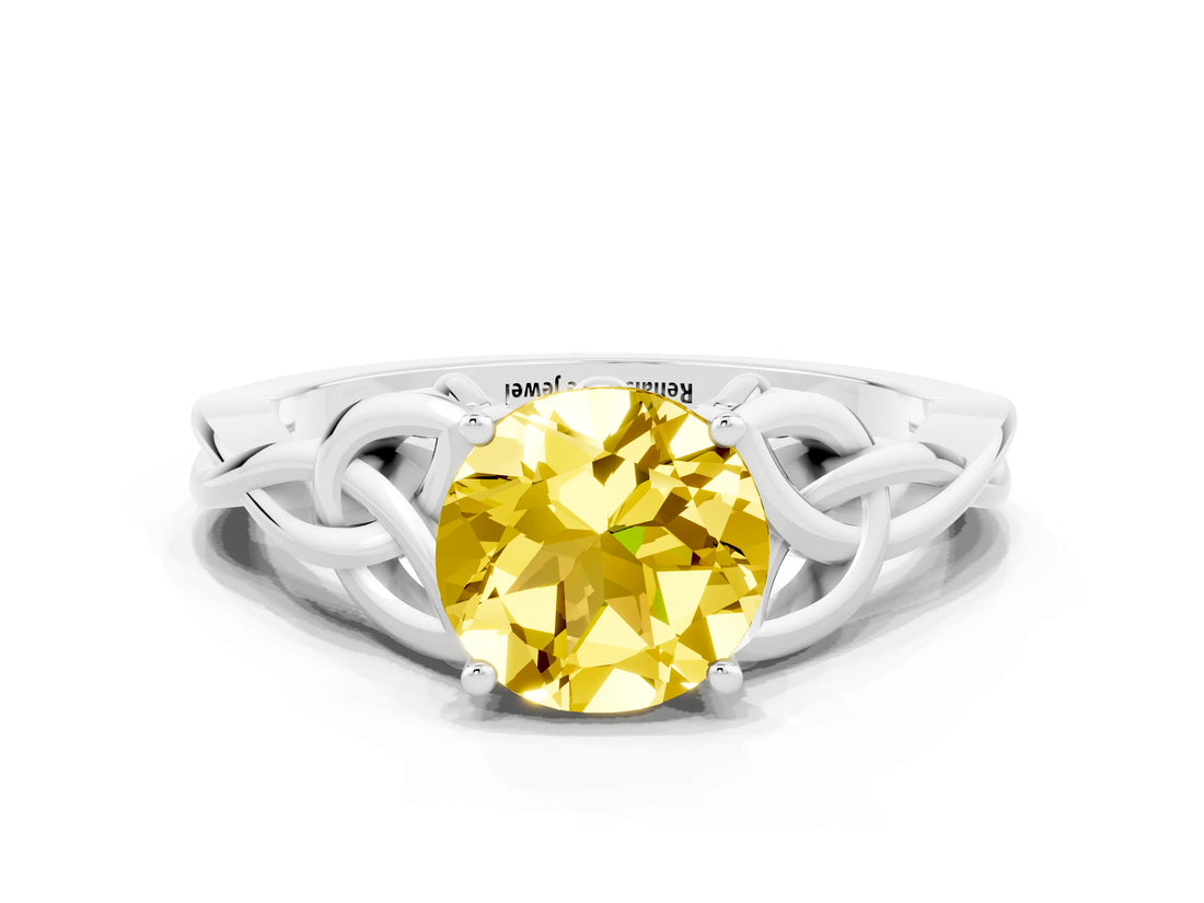 White gold Round Cut Yellow Sapphire Solitaire Celtic Knot Ring with Four-Prong Setting_36