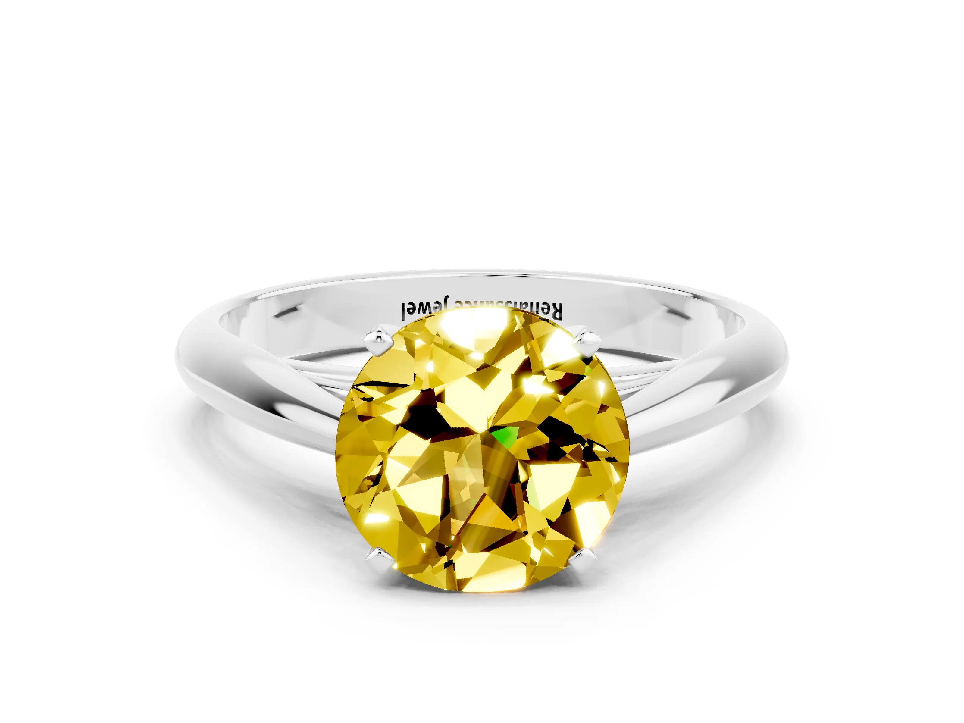 White gold Round Cut Yellow Sapphire Solitaire Engagement Ring with Cathedral Setting and Four-Prong Mount_12
