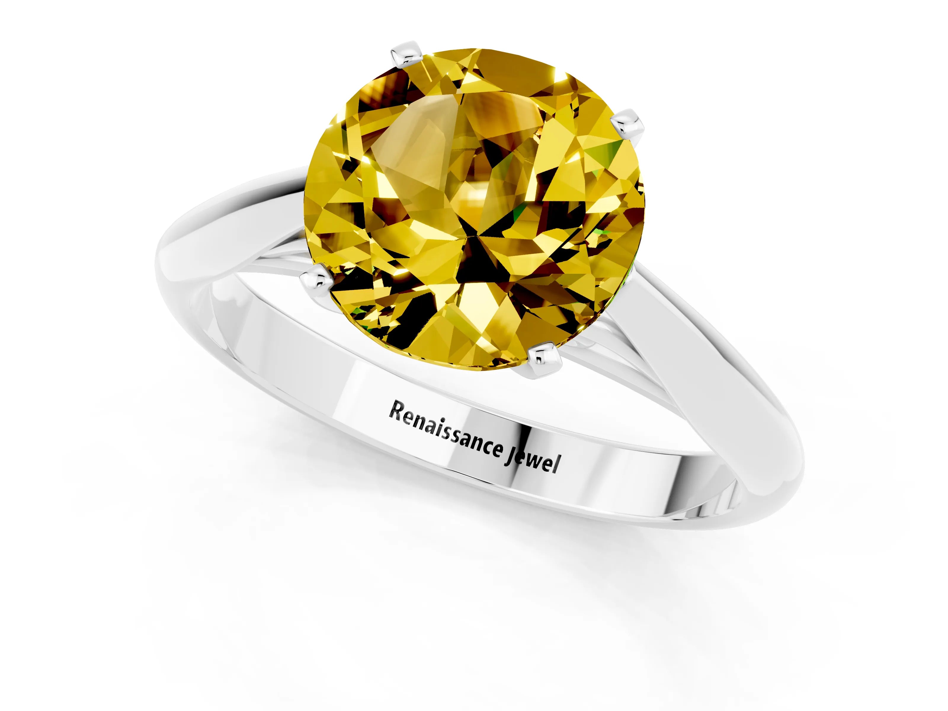White gold Round Cut Yellow Sapphire Solitaire Engagement Ring with Cathedral Setting and Four-Prong Mount_13