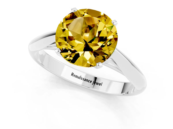 Silver Round Cut Yellow Sapphire Solitaire Engagement Ring with Cathedral Setting and Four-Prong Mount