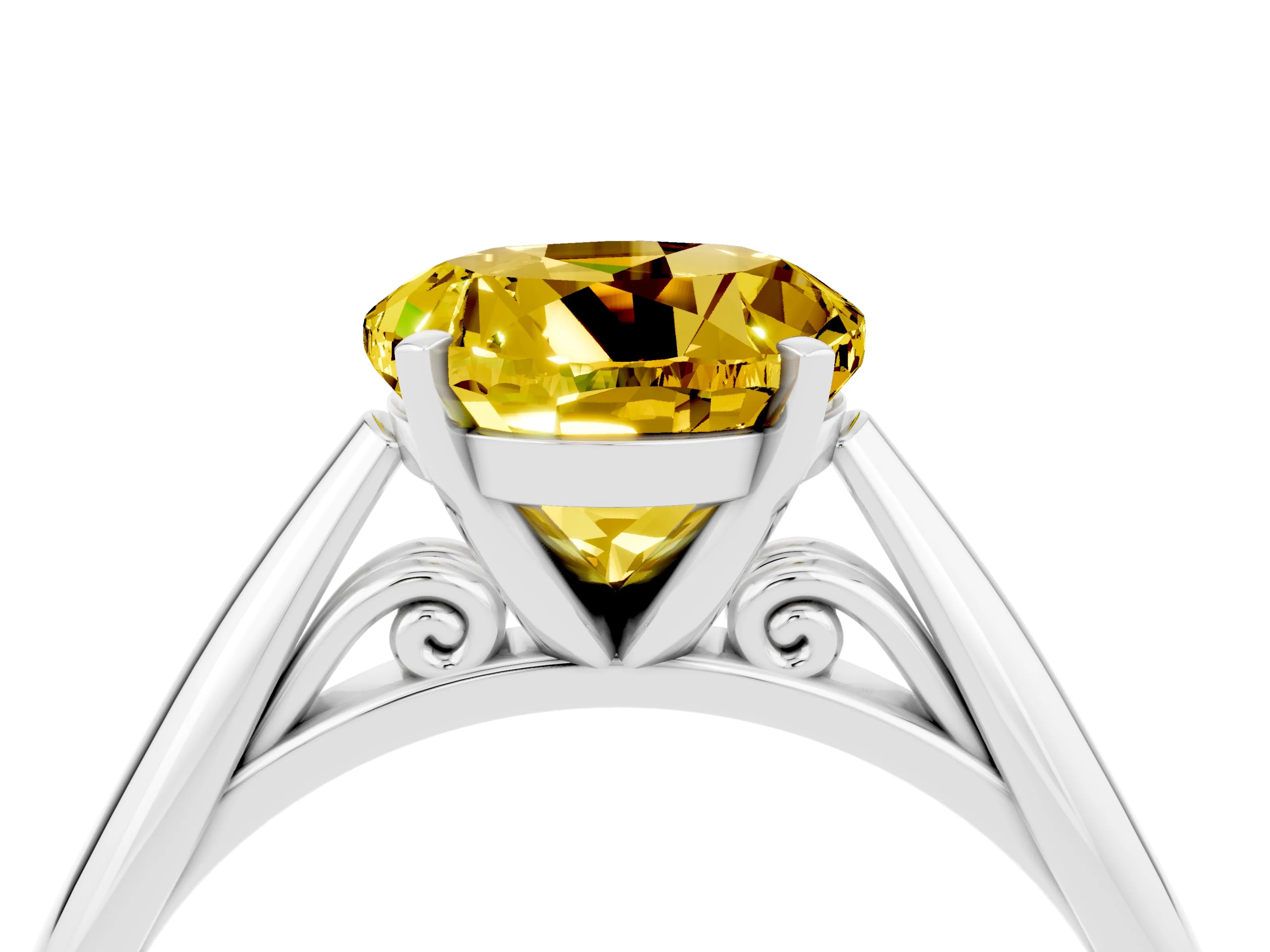 White gold Round Cut Yellow Sapphire Solitaire Engagement Ring with Cathedral Setting and Four-Prong Mount_16