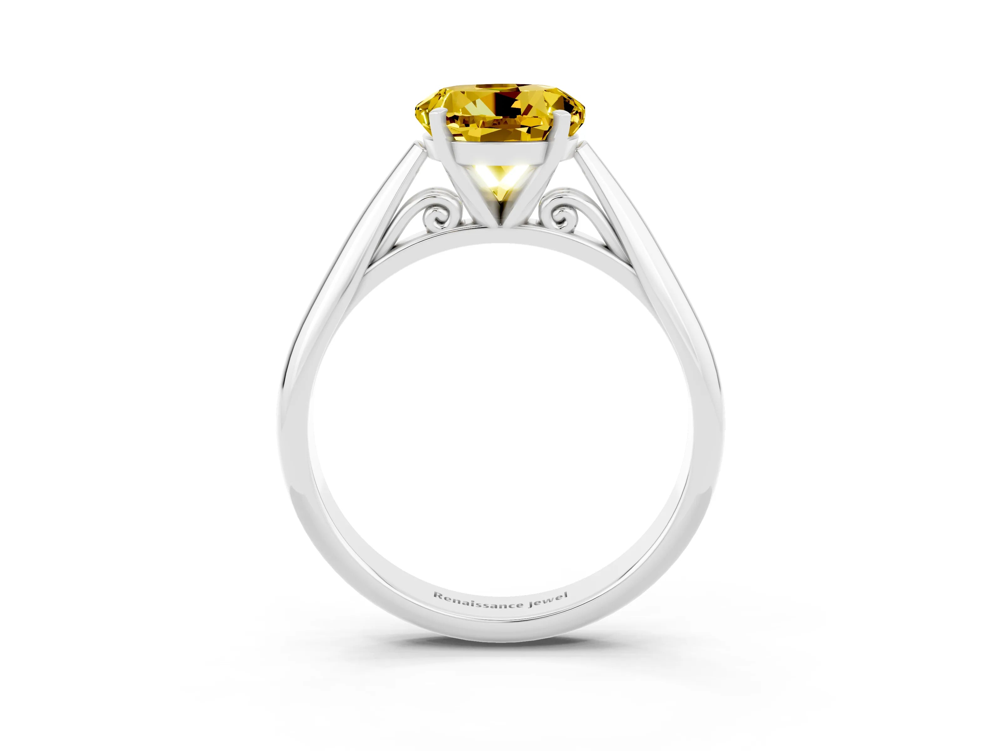 White gold Round Cut Yellow Sapphire Solitaire Engagement Ring with Cathedral Setting and Four-Prong Mount_27