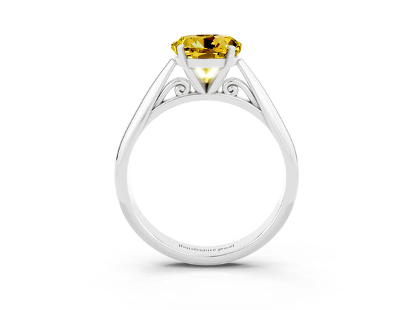 White gold Round Cut Yellow Sapphire Solitaire Engagement Ring with Cathedral Setting and Four-Prong Mount