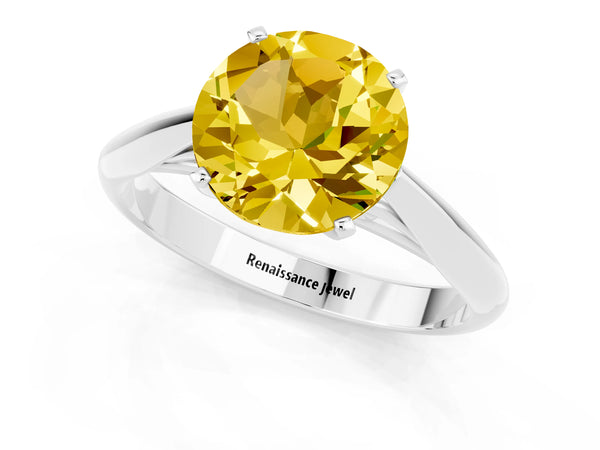 White gold Round Cut Yellow Sapphire Solitaire Engagement Ring with Cathedral Setting and Four-Prong Mount