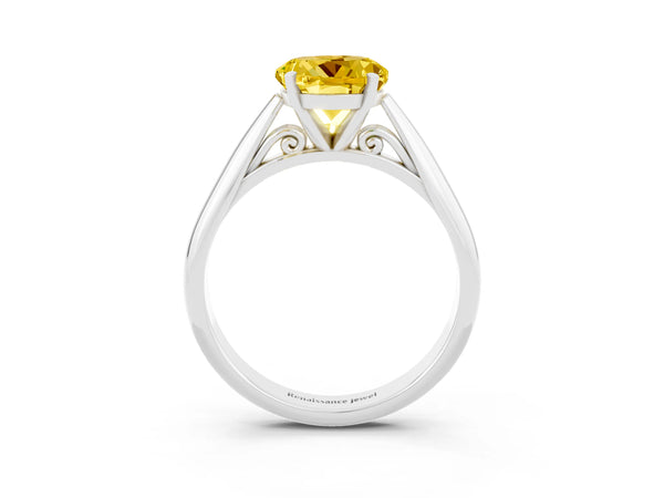 White gold Round Cut Yellow Sapphire Solitaire Engagement Ring with Cathedral Setting and Four-Prong Mount