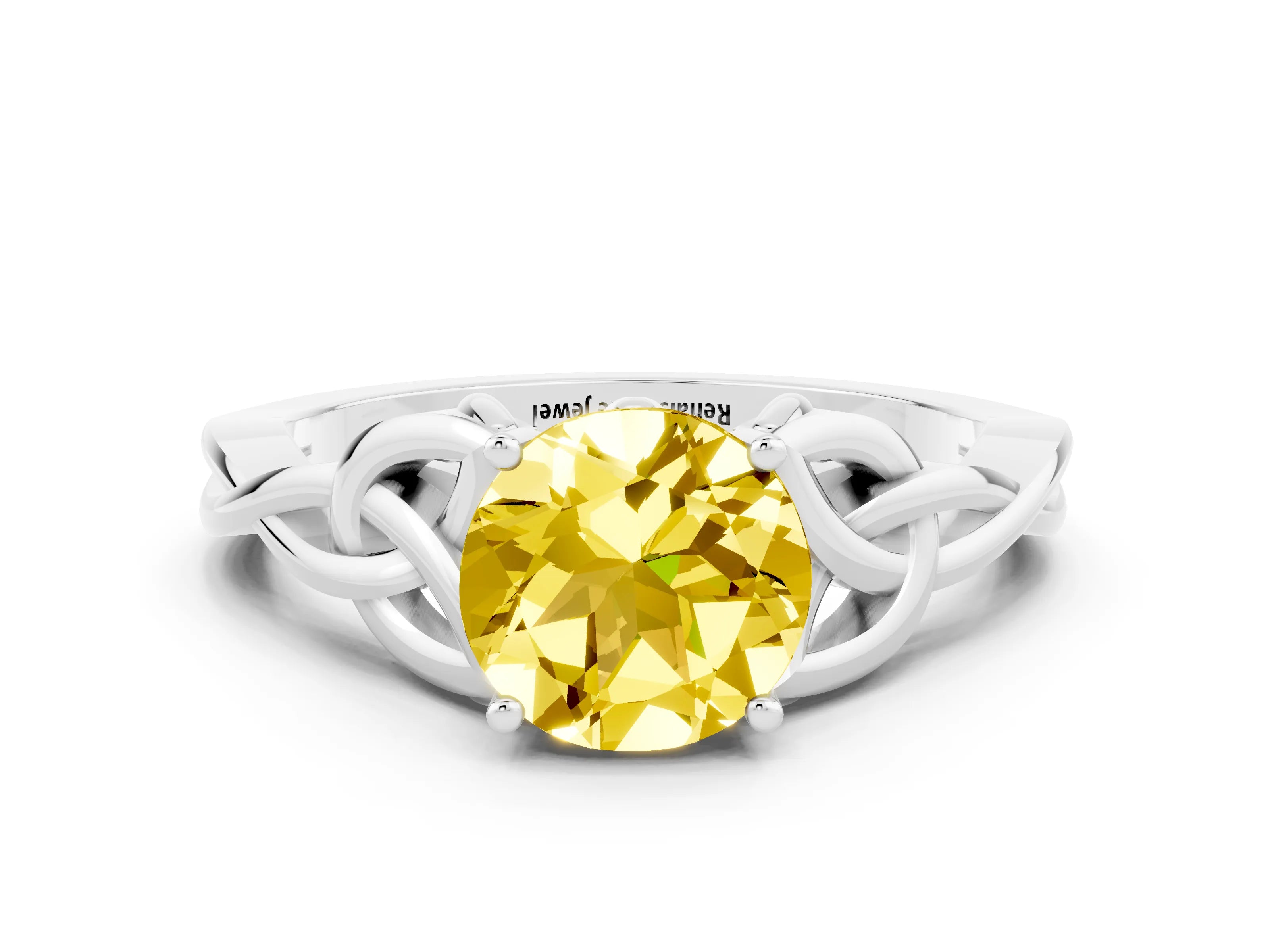 White gold Round Cut Yellow Sapphire Solitaire Engagement Ring with Celtic Knot Band and Four-Prong Setting_24