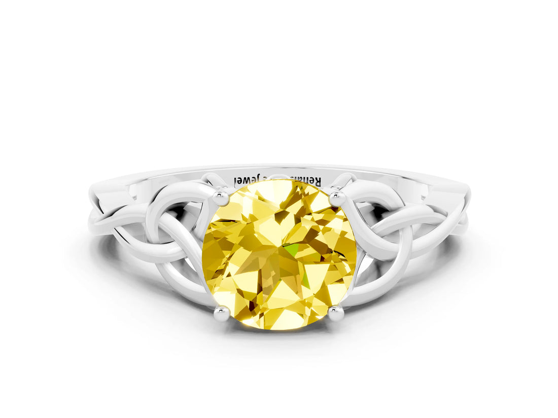 White gold Round Cut Yellow Sapphire Solitaire Engagement Ring with Celtic Knot Band and Four-Prong Setting_24